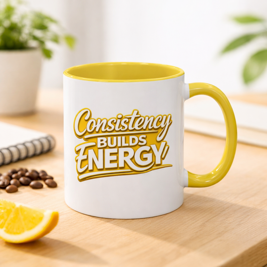 Consistency Builds Energy Mug — Motivational Coffee Cup (Yellow Interior/Handle)