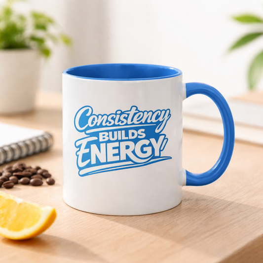 Consistency Builds Energy Coffee Mug — Motivational Blue Accent Mug (11oz & 15oz)
