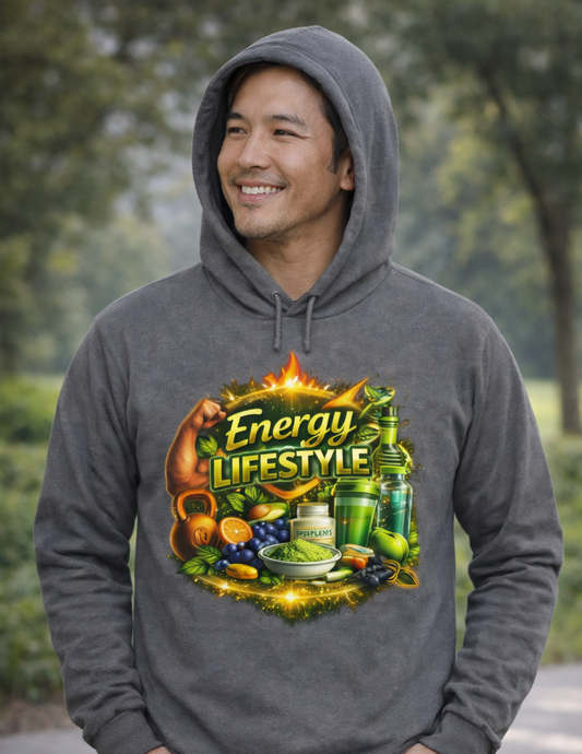 Energy Lifestyle Hoodie Tee — 'Energy Lifestyle' Graphic Long-Sleeve Hooded Tee