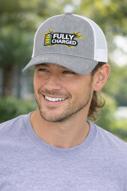 Fully Charged Snapback Trucker Cap — Embroidered Battery Graphic