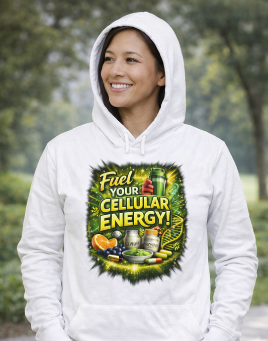 Hooded Long Sleeve Tee — "Fuel Your Cellular Energy" Tropical Wellness Graphic