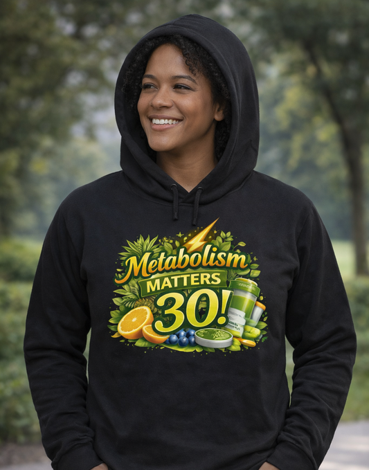 Hooded Long Sleeve Tee — 'Metabolism Matters 30!' Lemon & Smoothie Fitness Graphic