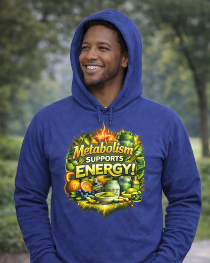 Hooded Long Sleeve Tee — "Metabolism Supports Energy!" Nutrition Graphic Top