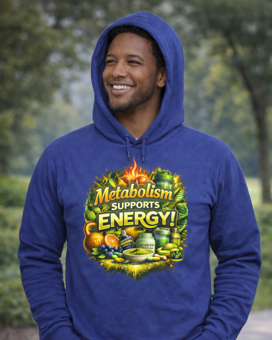 Hooded Long Sleeve Tee — "Metabolism Supports Energy!" Nutrition Graphic Top