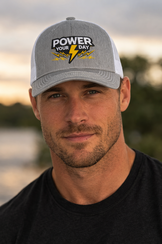 Power Your Day Snapback Trucker Cap — Embroidered Lightning Bolt