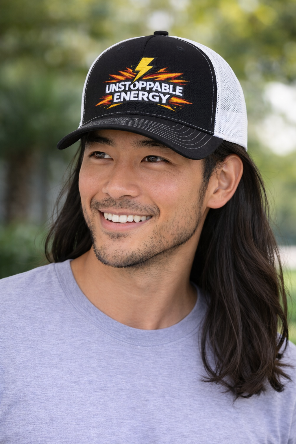 Unstoppable Energy Snapback Trucker Hat — Lightning Bolt Embroidered Cap
