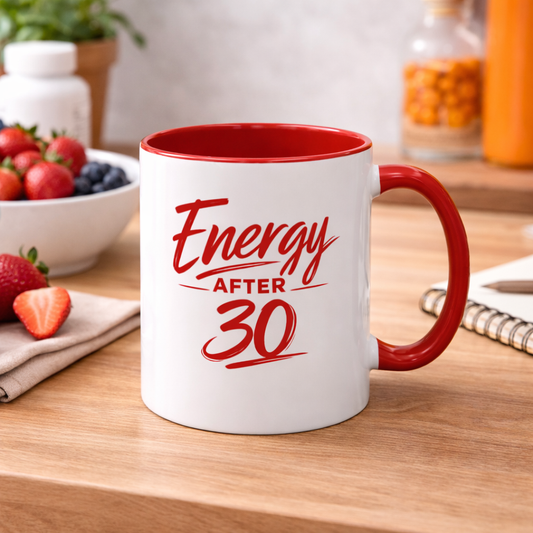 Energy After 30 Coffee Mug — Funny 11oz/15oz Red Accent Mug for 30th Birthday & Milestone Gifts